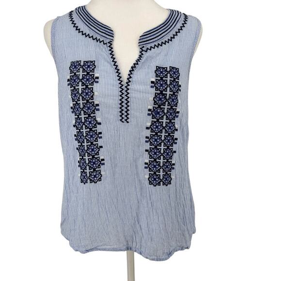 The Impeccable Pig Blue Embroidered Boho Sleeveless Top Sz M Cotton Linen Blend - Picture 1 of 7